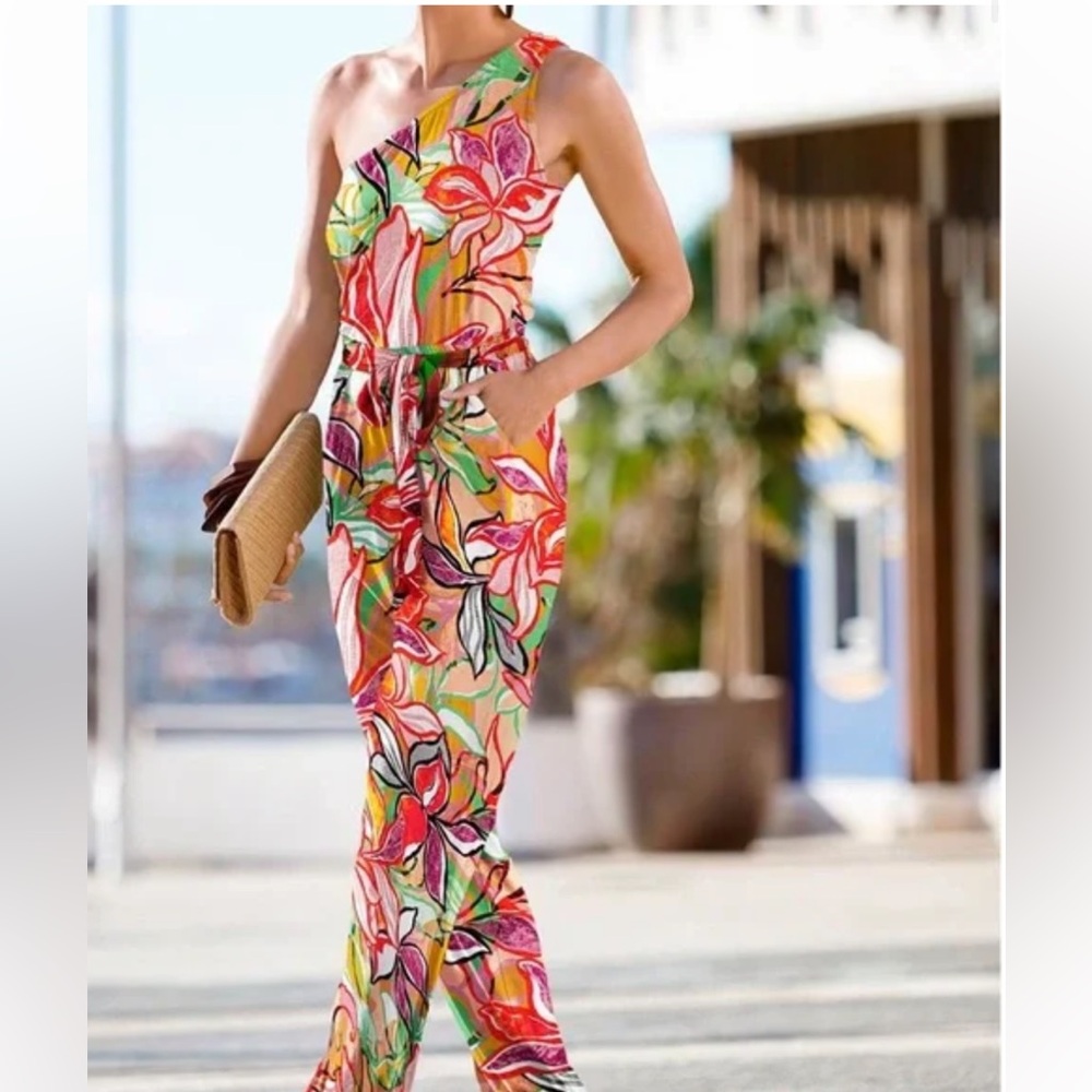 Venus Tropical Floral Printed One-Shoulder Jumpsuit EUC SIZE XS